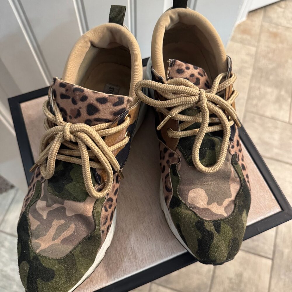 Steve Madden Camo & Leopard Print Mixed-Media Sneakers in Green, Brown, Tan - Picture 3 of 6
